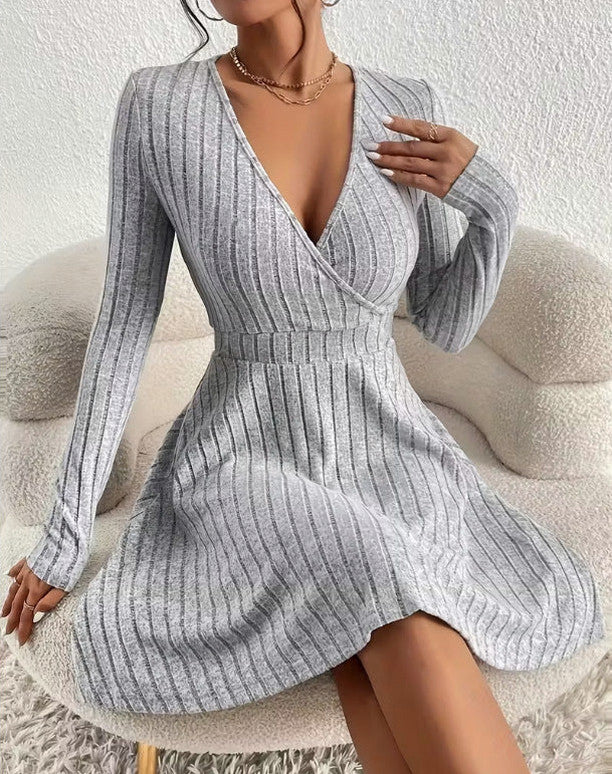 Ribbed Wrap Long Sleeve Mini Dress