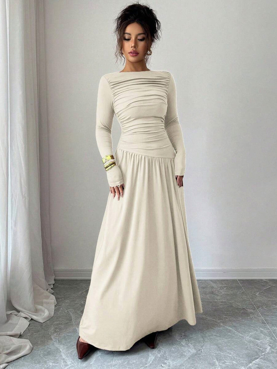 Long Sleeve Ruched Drop Waist Maxi Dress