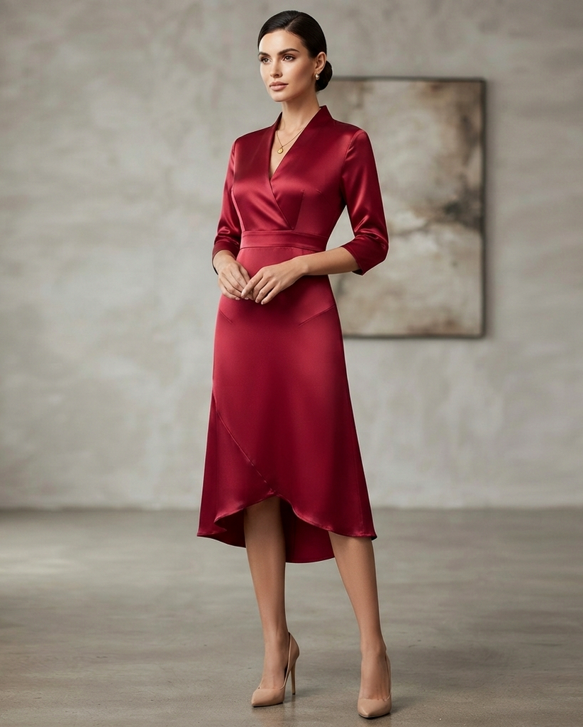 Satin 3/4 Sleeve Midi Dress