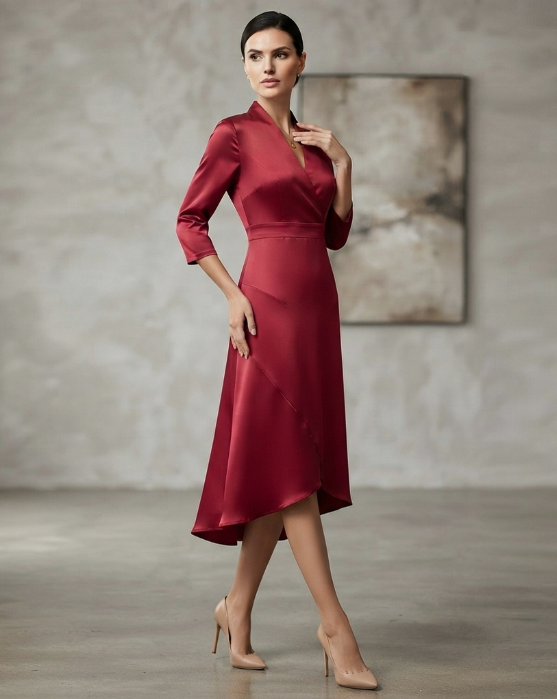 Satin 3/4 Sleeve Midi Dress