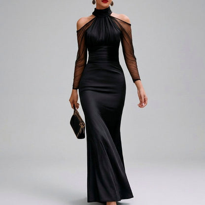 Satin Cold Shoulder Long Sleeve Maxi Dress