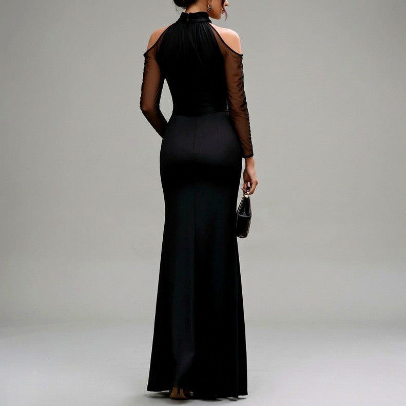 Satin Cold Shoulder Long Sleeve Maxi Dress