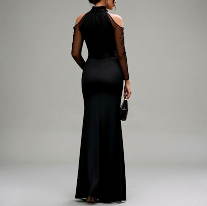 Satin Cold Shoulder Long Sleeve Maxi Dress