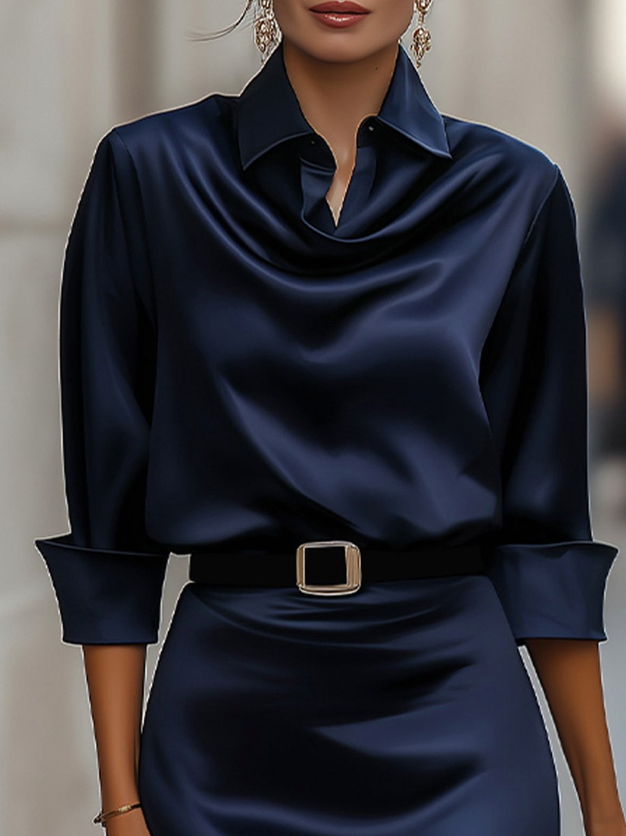Satin Collared Cowl Midi Dress