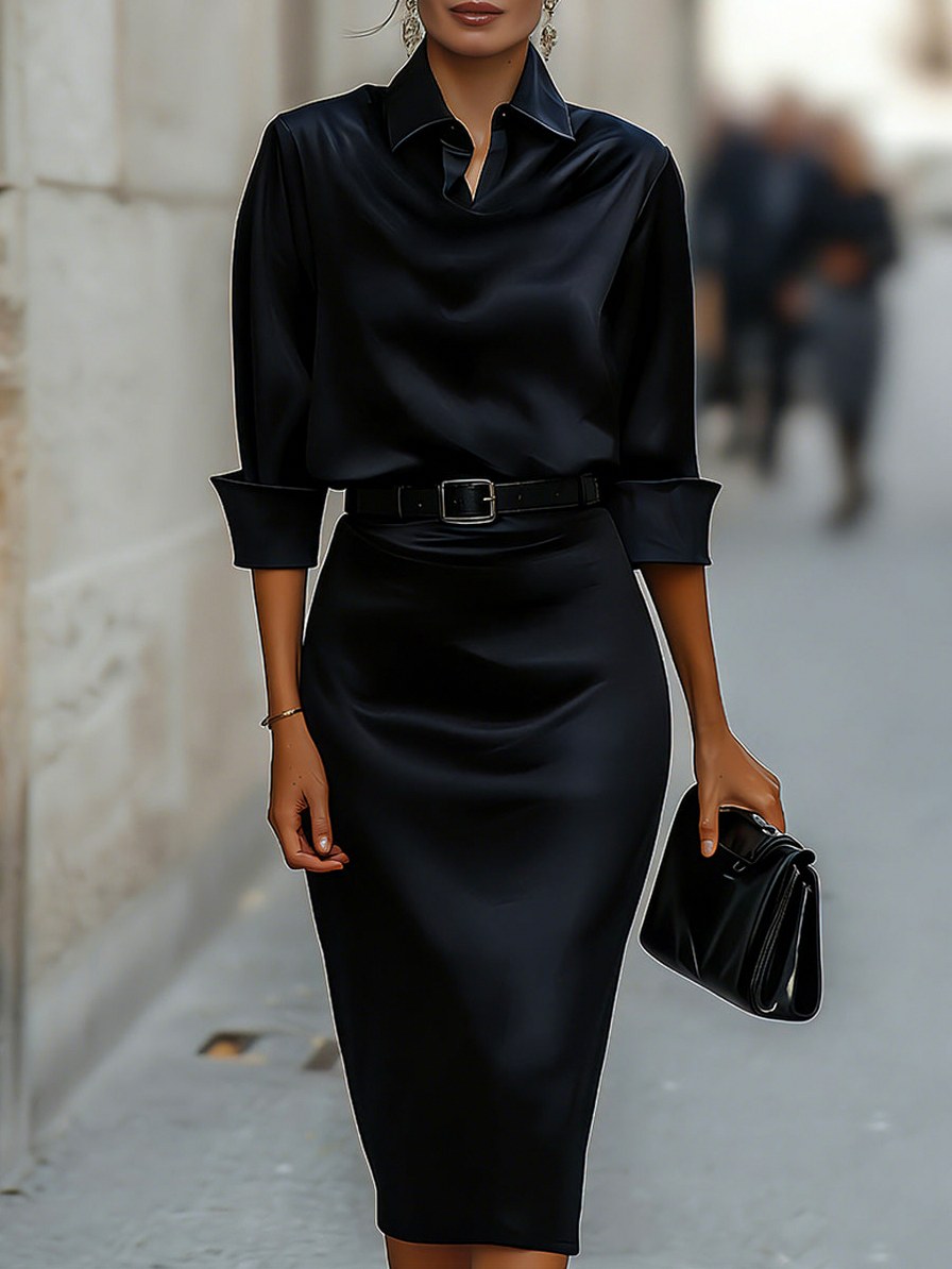 Satin Collared Cowl Midi Dress