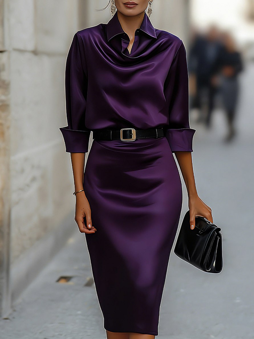 Satin Collared Cowl Midi Dress