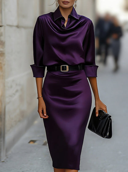 Satin Collared Cowl Midi Dress