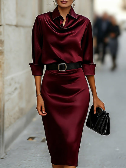 Satin Collared Cowl Midi Dress