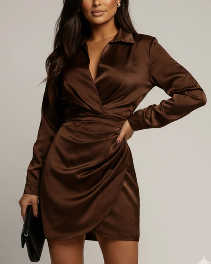 Satin Collared Long Sleeve Mini Dress
