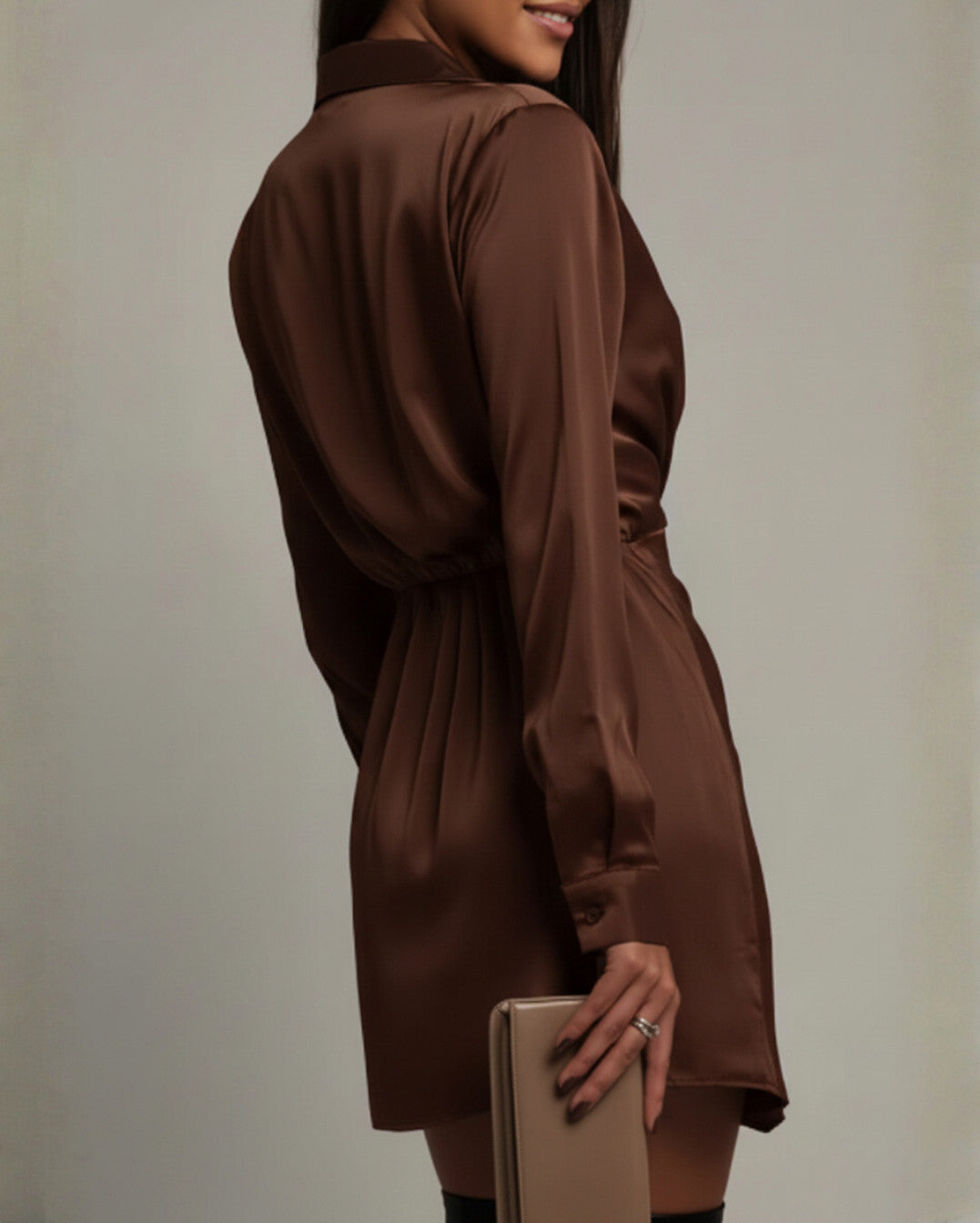 Satin Collared Long Sleeve Mini Dress