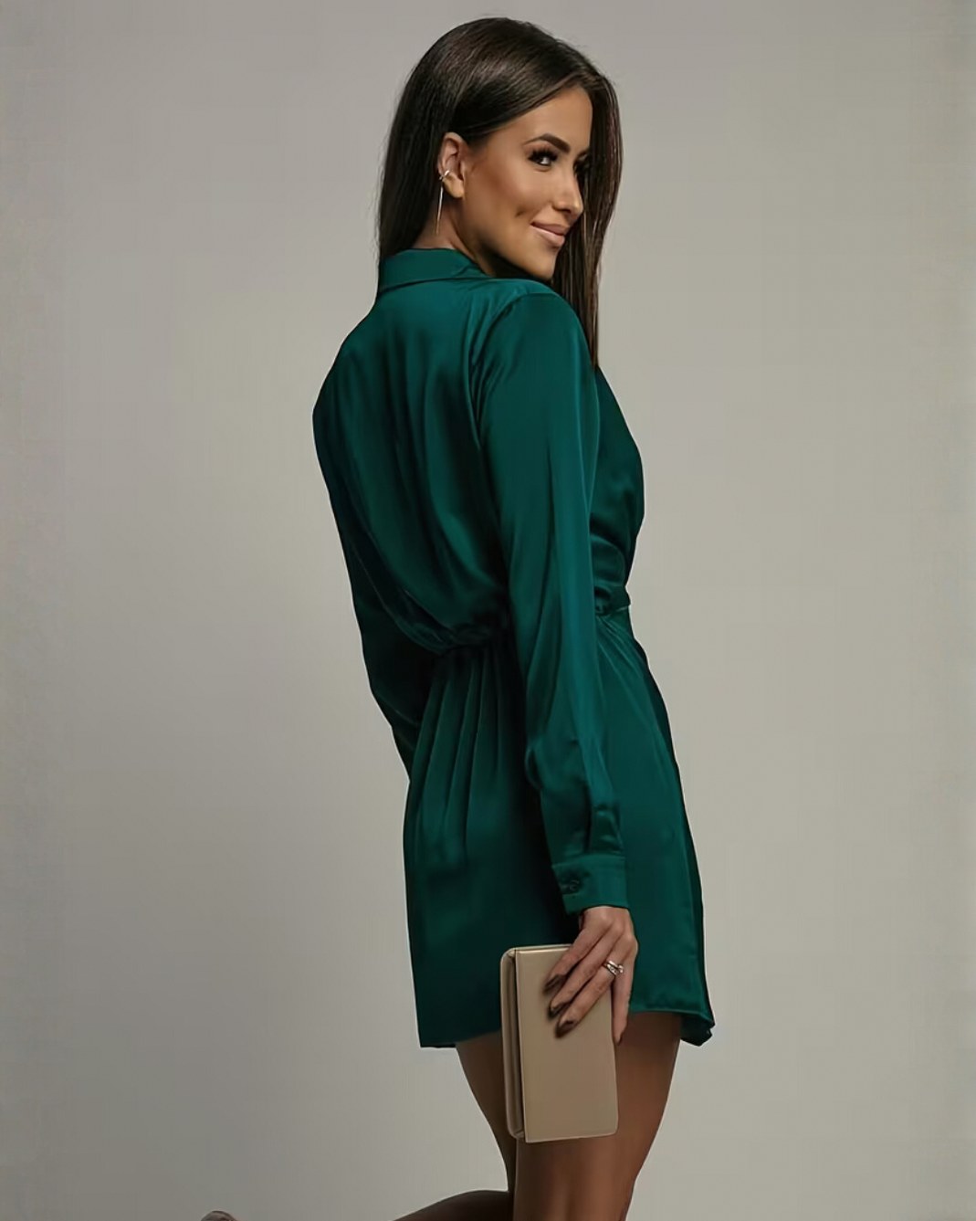 Satin Collared Long Sleeve Mini Dress