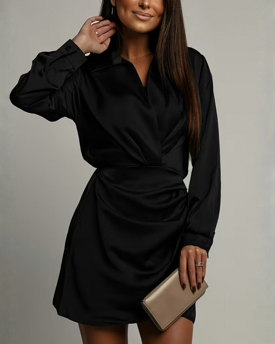 Satin Collared Long Sleeve Mini Dress