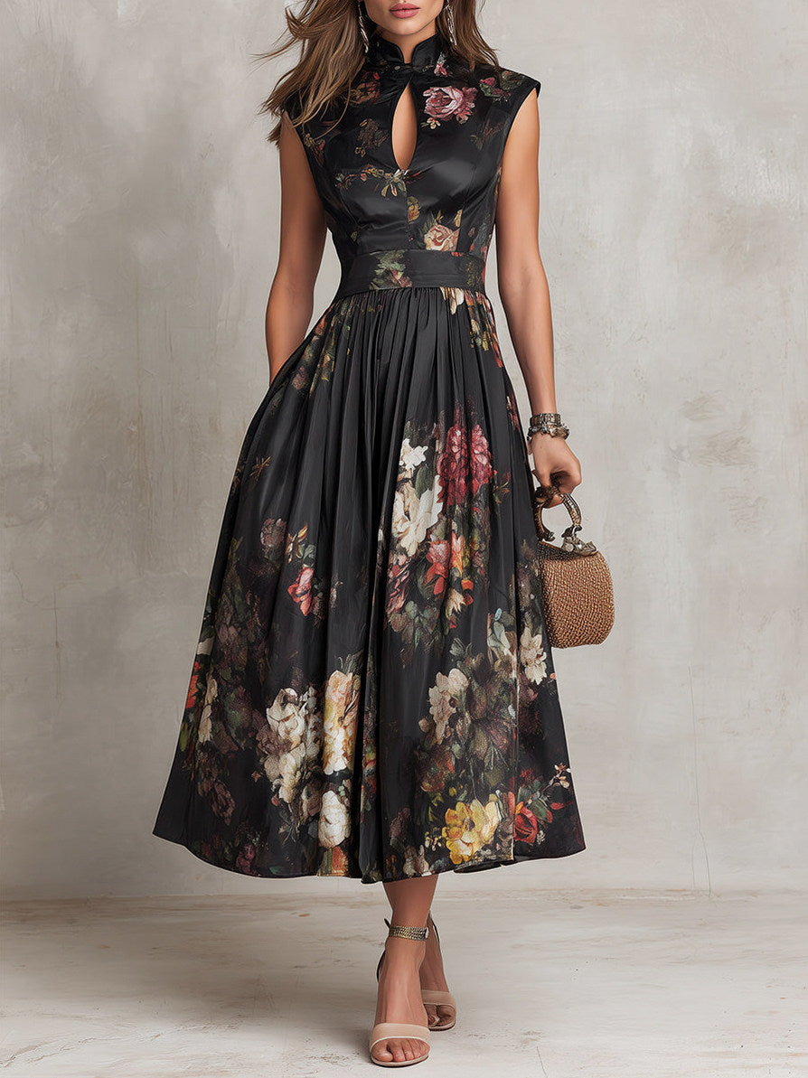 Satin Dark Floral Mock Neck Cutout Pleated Midi Dress