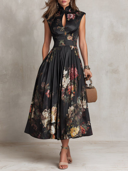 Satin Dark Floral Mock Neck Cutout Pleated Midi Dress