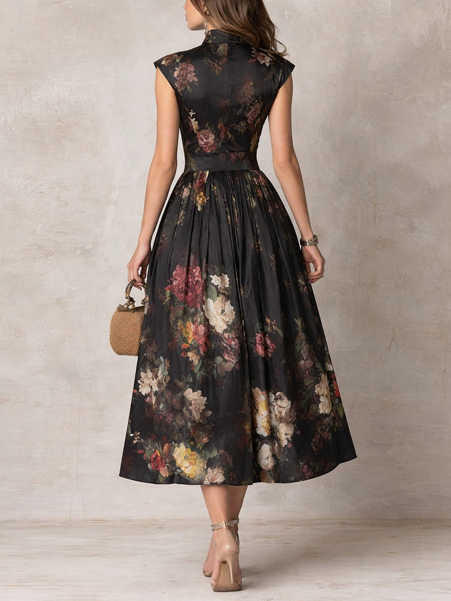 Satin Dark Floral Mock Neck Cutout Pleated Midi Dress
