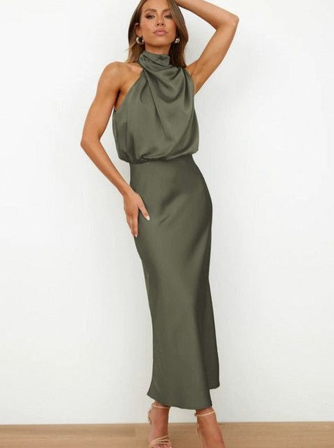 Satin Halter Draped Midi Dress