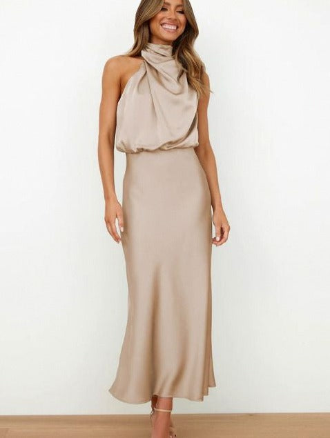 Satin Halter Draped Midi Dress