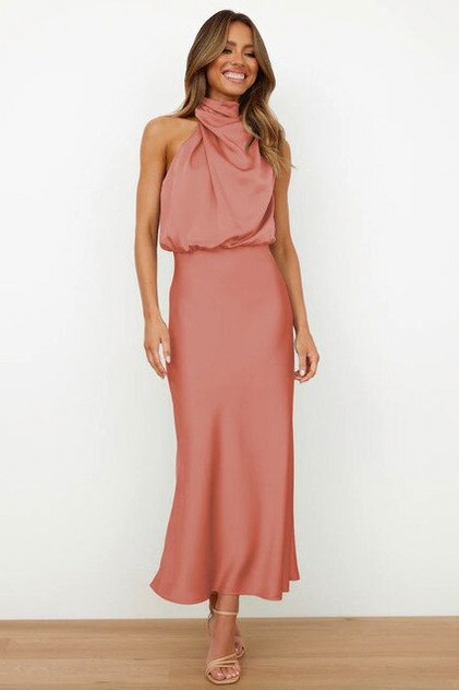 Satin Halter Draped Midi Dress