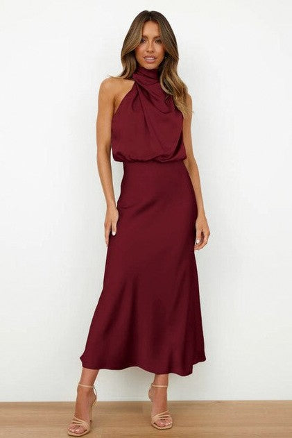 Satin Halter Draped Midi Dress