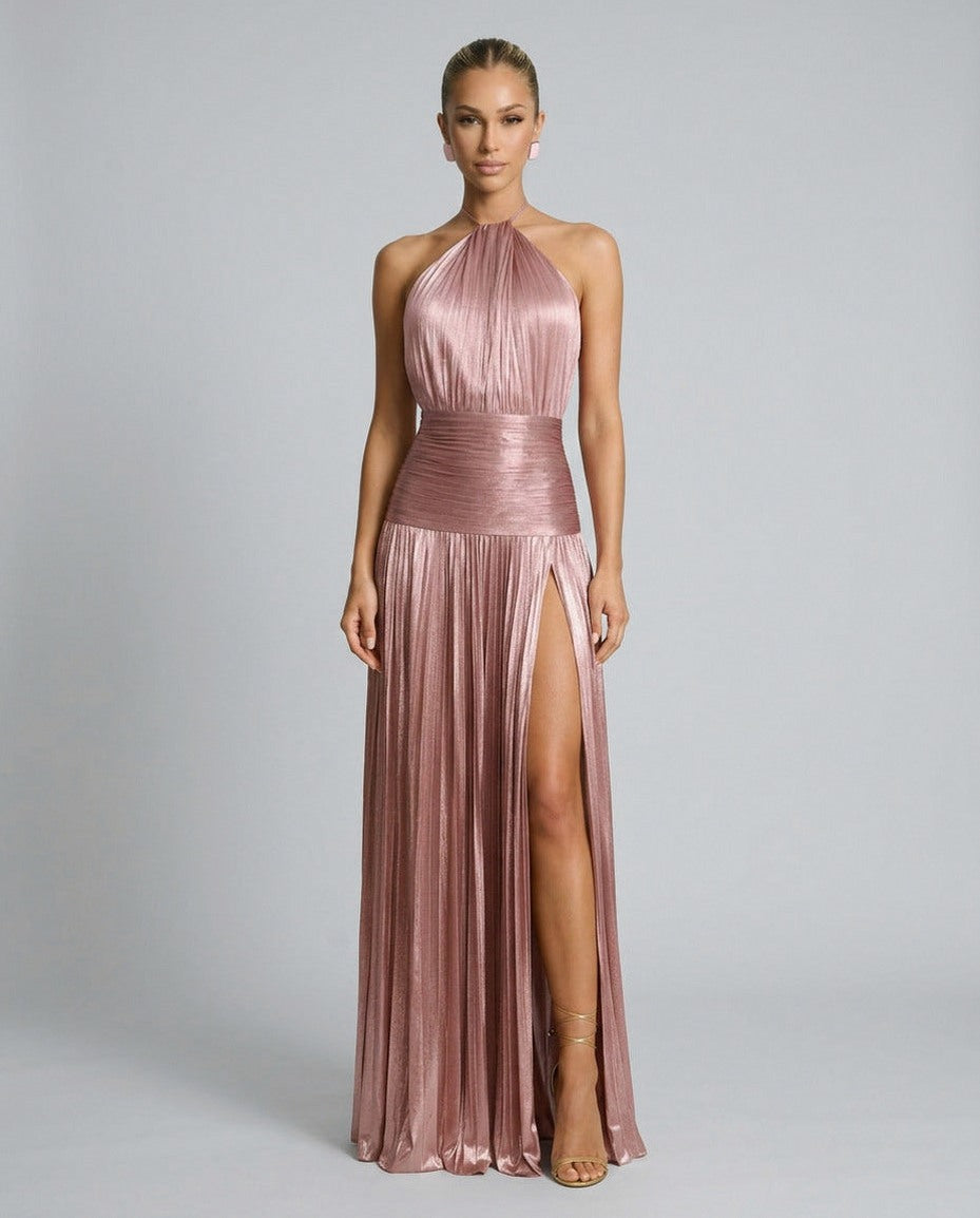 Satin Halter Pleated Maxi Dress