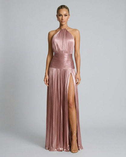 Satin Halter Pleated Maxi Dress