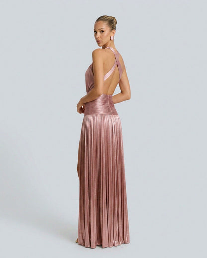 Satin Halter Pleated Maxi Dress