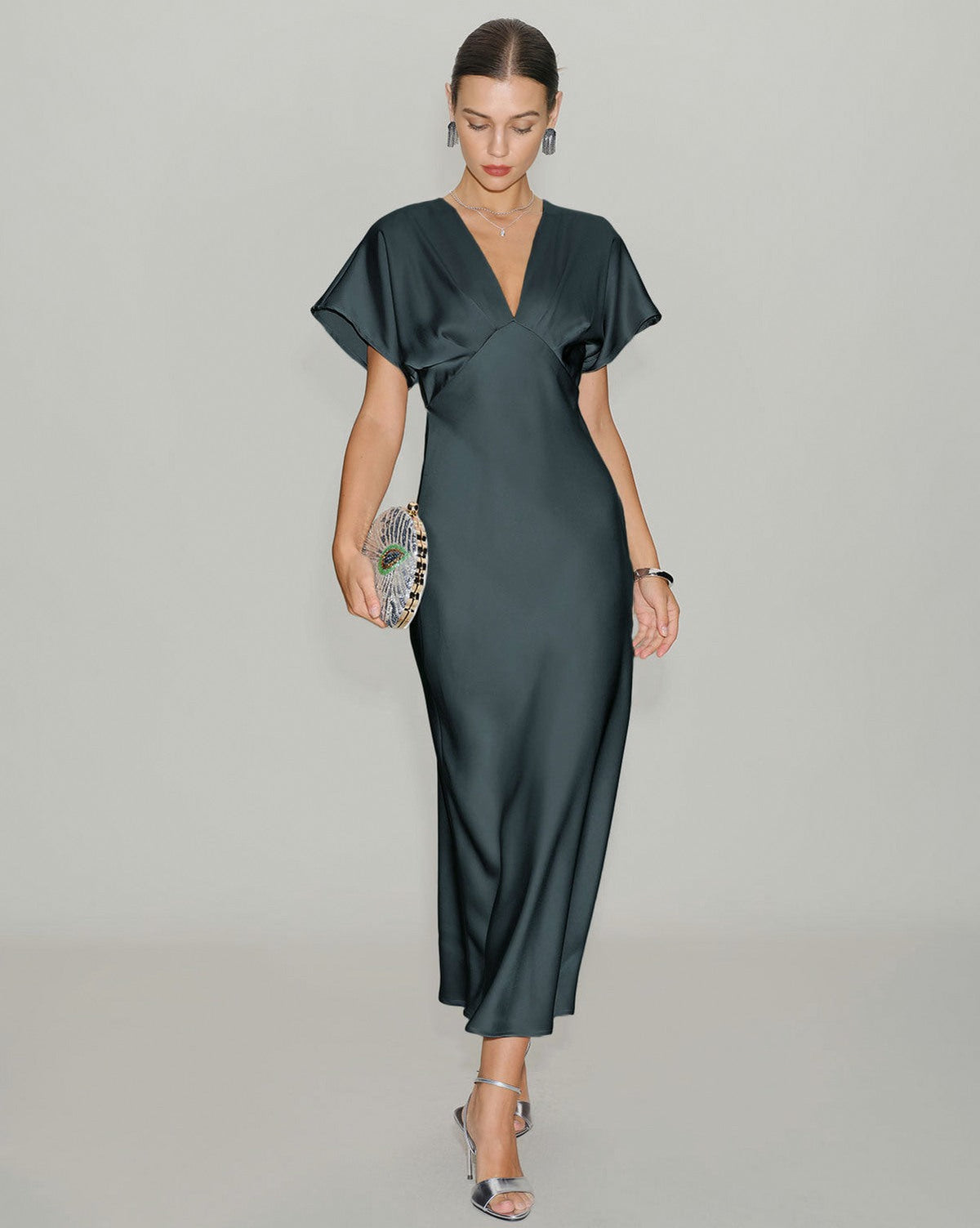 Satin Kimono Sleeve Midi Dress