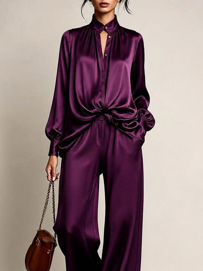 Satin Long Sleeve Wide Leg Matching Set