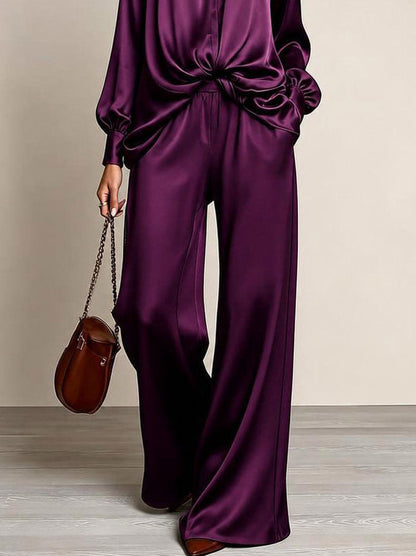 Satin Long Sleeve Wide Leg Matching Set