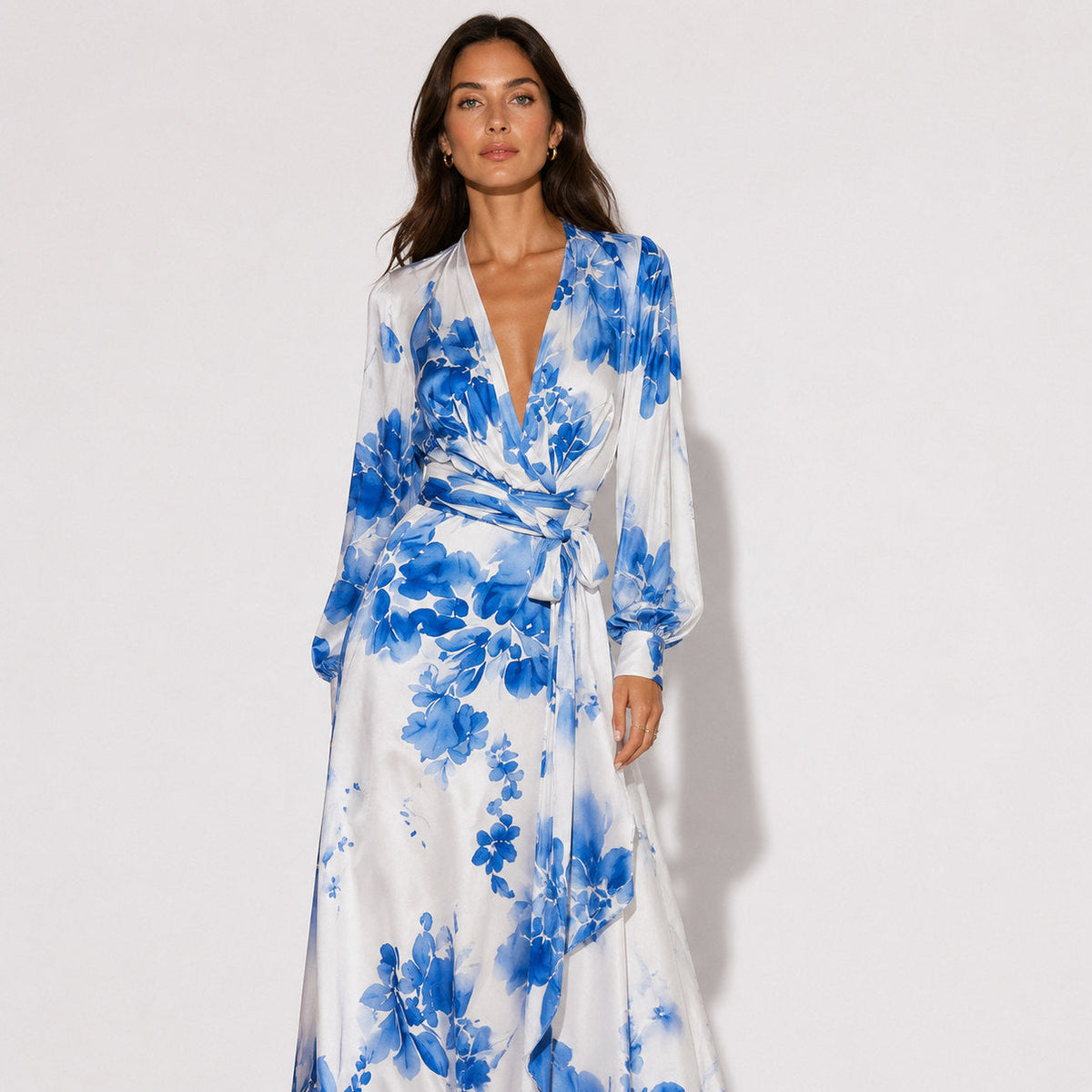 Satin Long Sleeve Wrap Maxi Dress