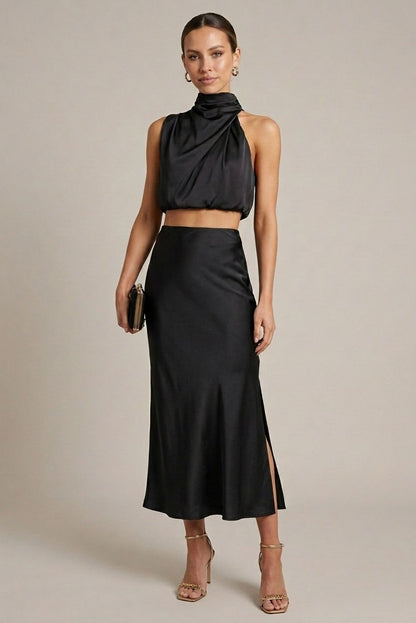 Satin Mock Neck Two Piece Set