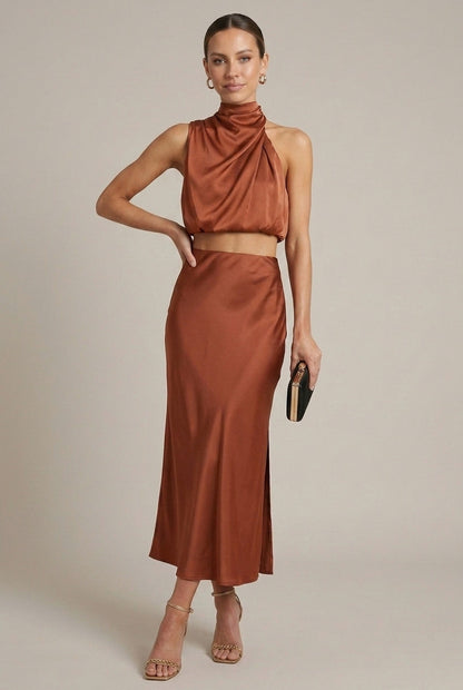 Satin Mock Neck Two Piece Set