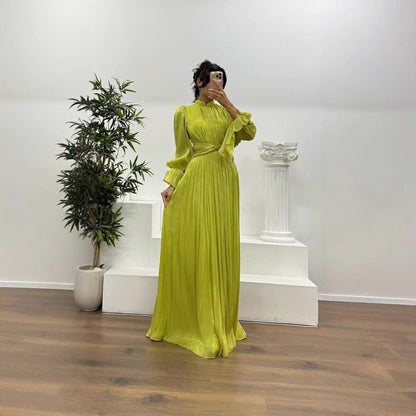 Satin Pleated Mock Neck Maxi Dress