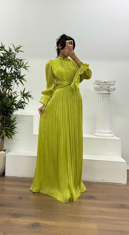 Satin Pleated Mock Neck Maxi Dress