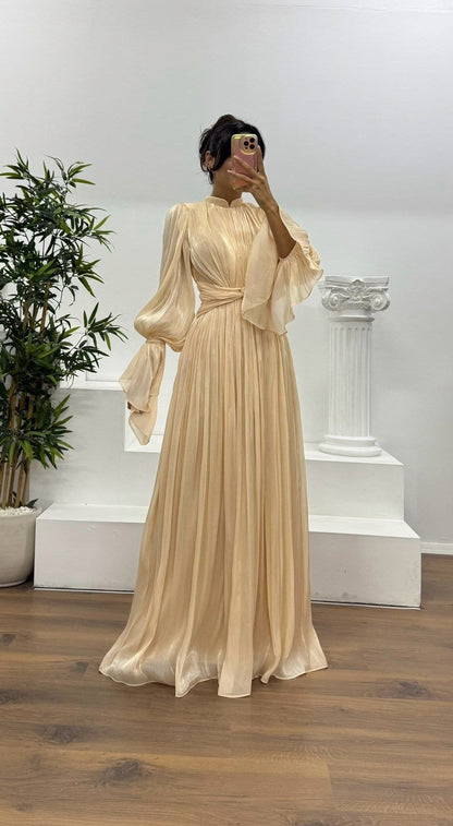 Satin Pleated Mock Neck Maxi Dress