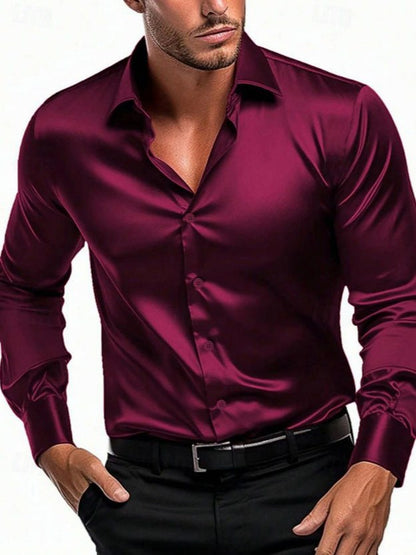 Satin Slim Fit Spread Collar Dress Shirt