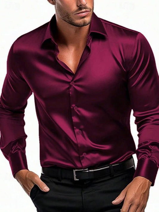 Satin Slim Fit Spread Collar Dress Shirt