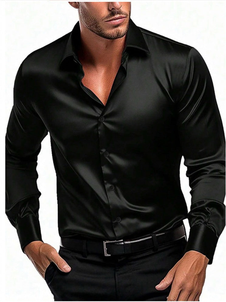 Satin Slim Fit Spread Collar Dress Shirt