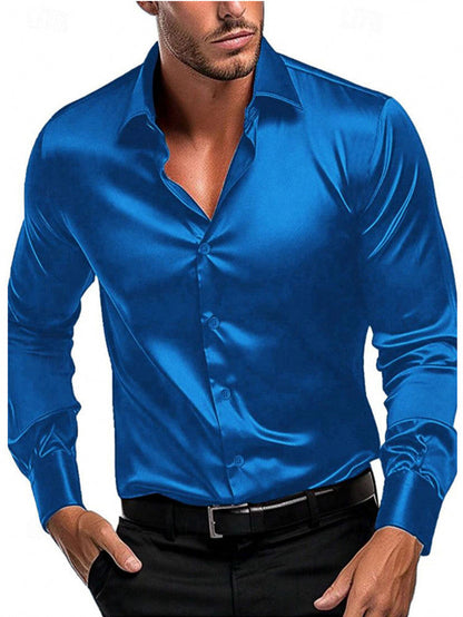 Satin Slim Fit Spread Collar Dress Shirt