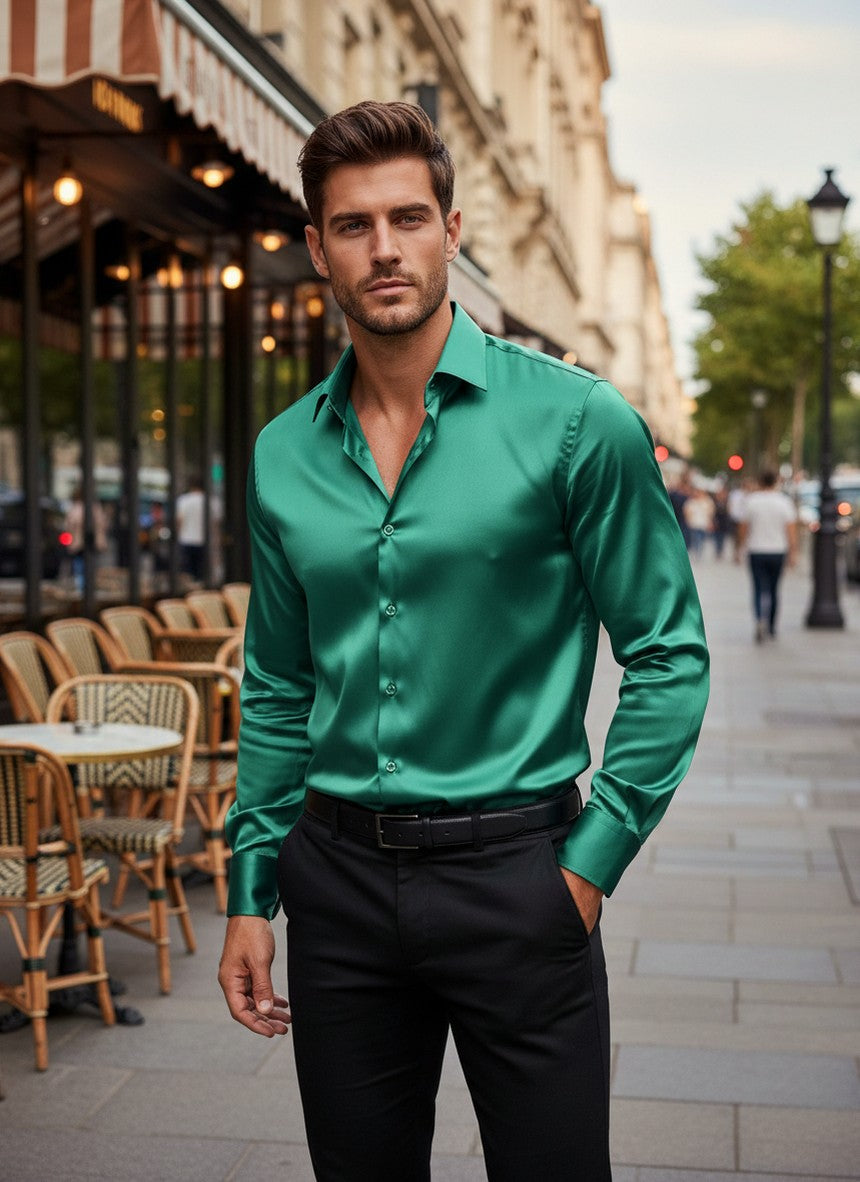 Satin Slim Fit Long Sleeve Dress Shirt
