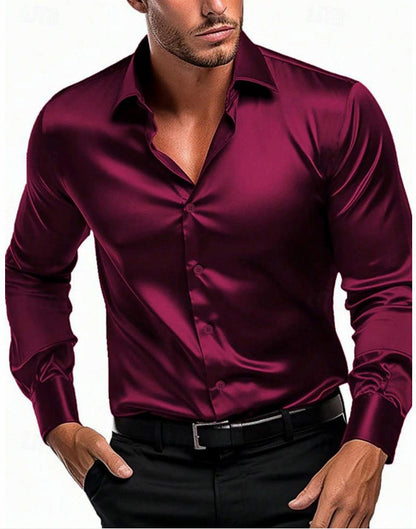 Satin Slim Fit Spread Collar Dress Shirt