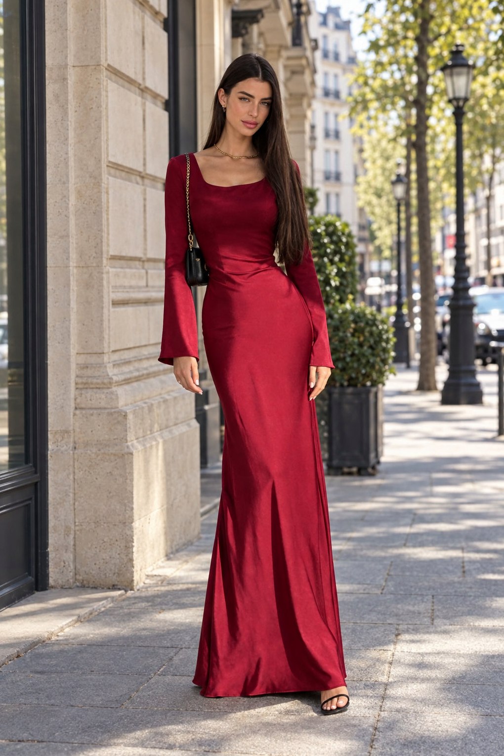 Satin Square Neck Long Sleeve Fitted Maxi Dress