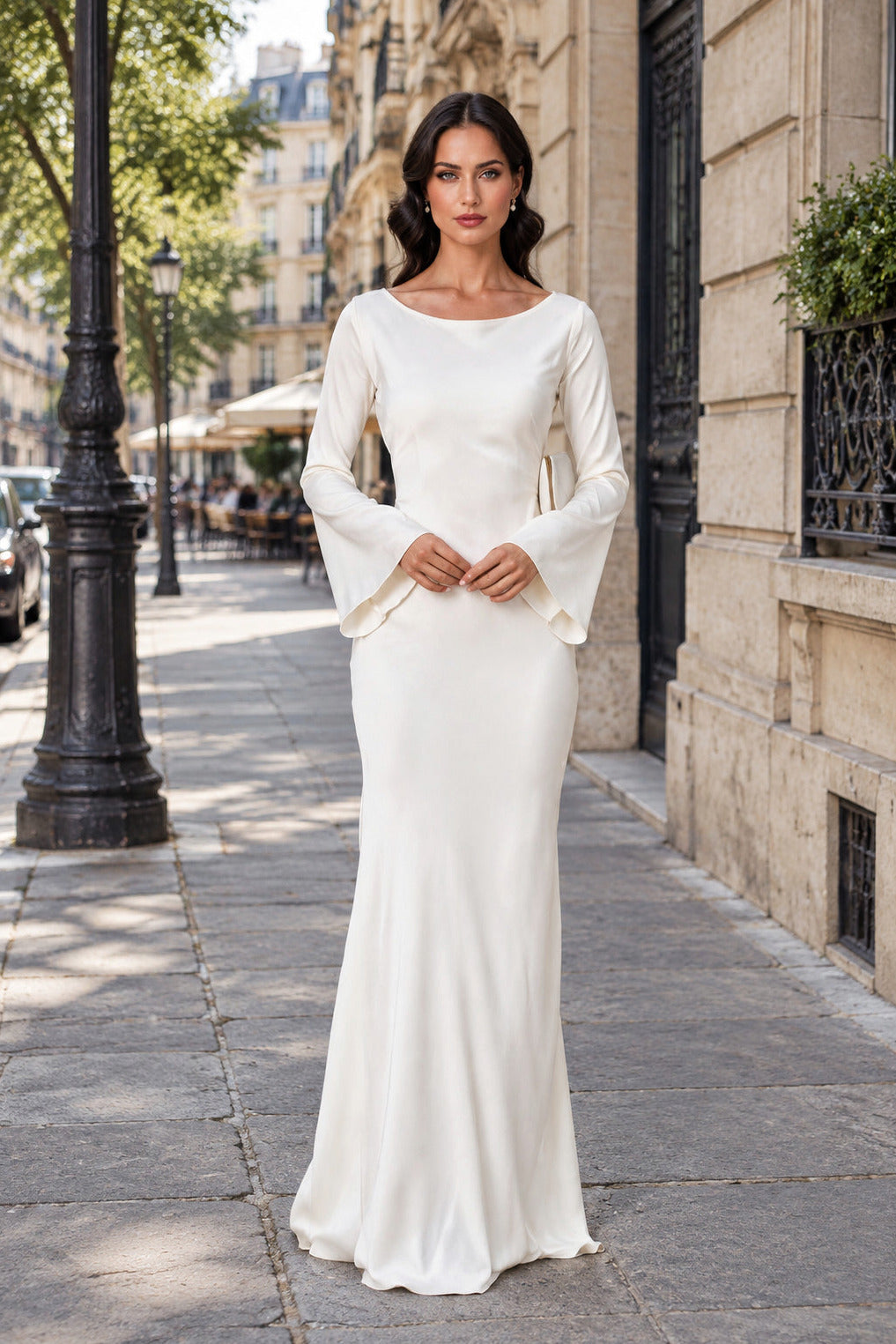 Satin Square Neck Long Sleeve Fitted Maxi Dress