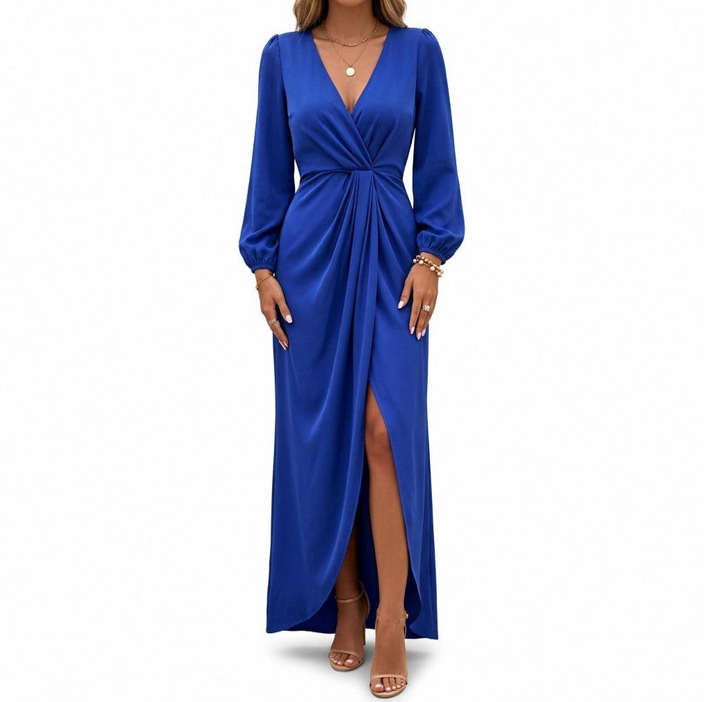 Satin Twist Front Long Sleeve Maxi Dress