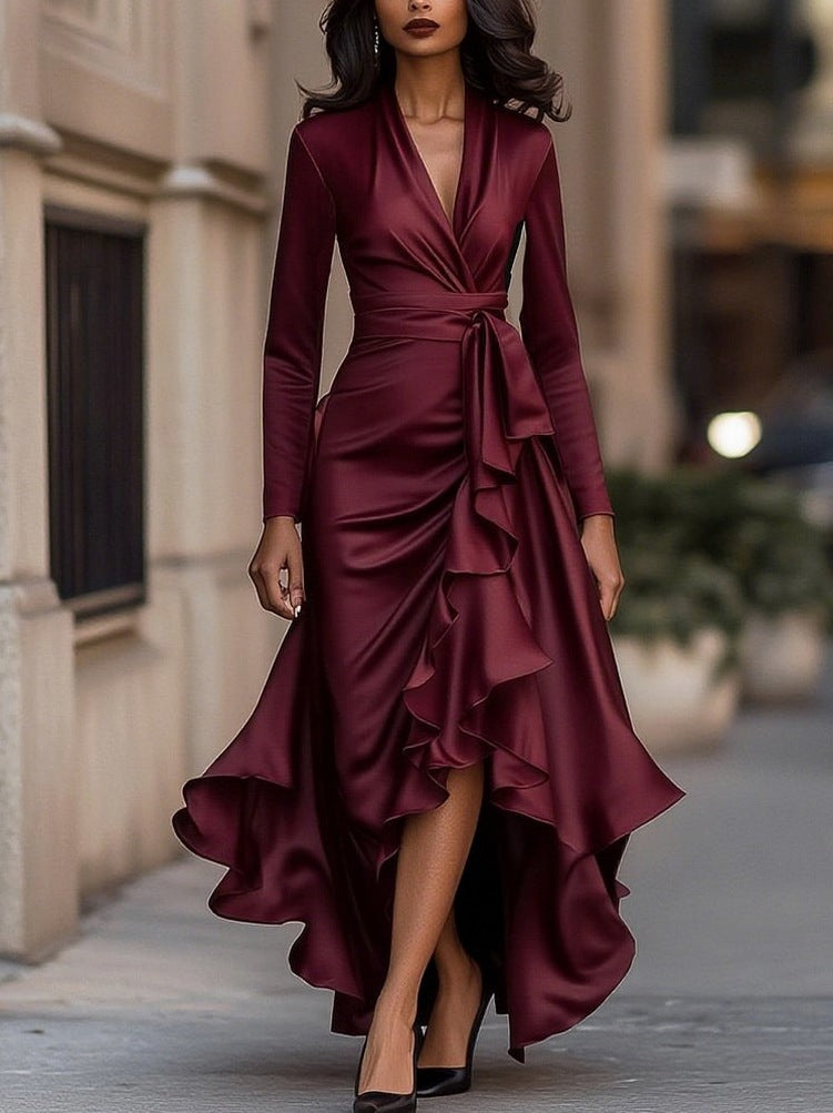Satin Wrap Long Sleeve Maxi Dress