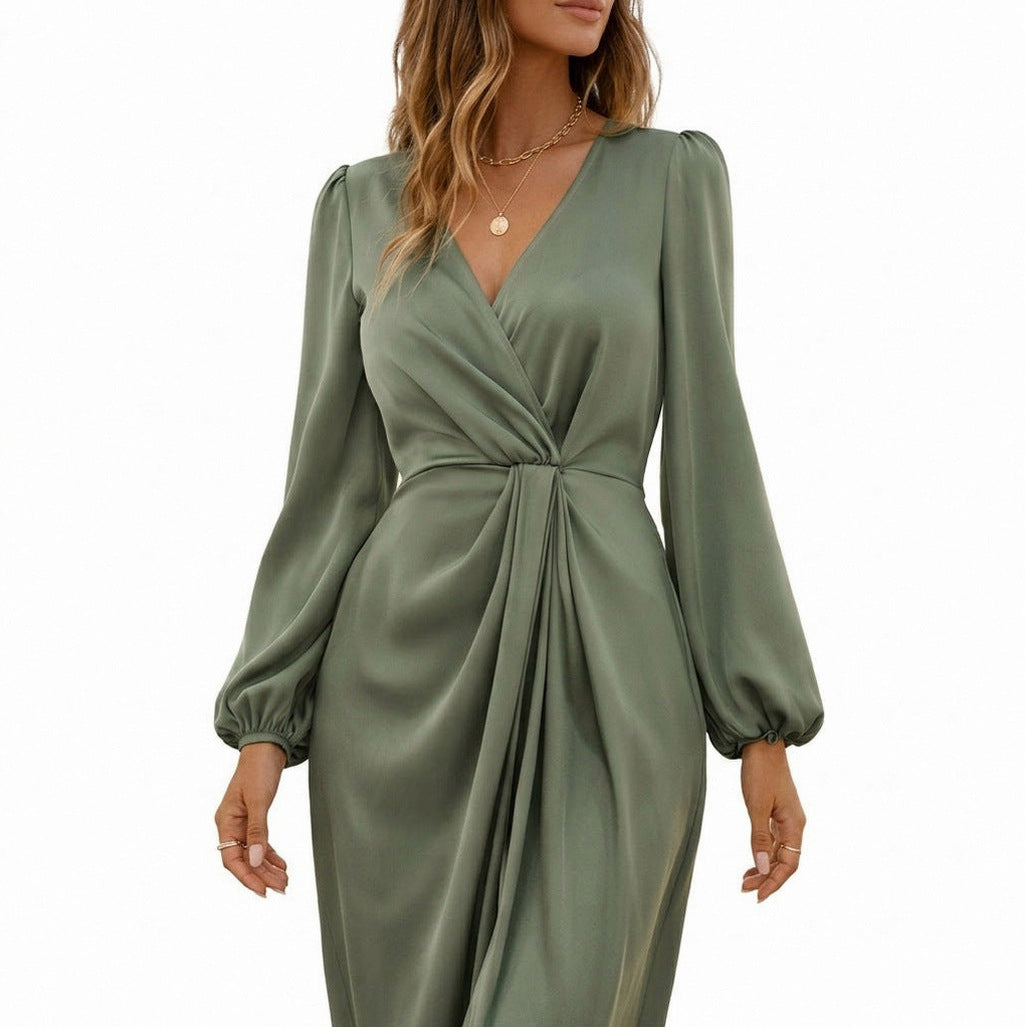 Satin Twist Front Long Sleeve Maxi Dress