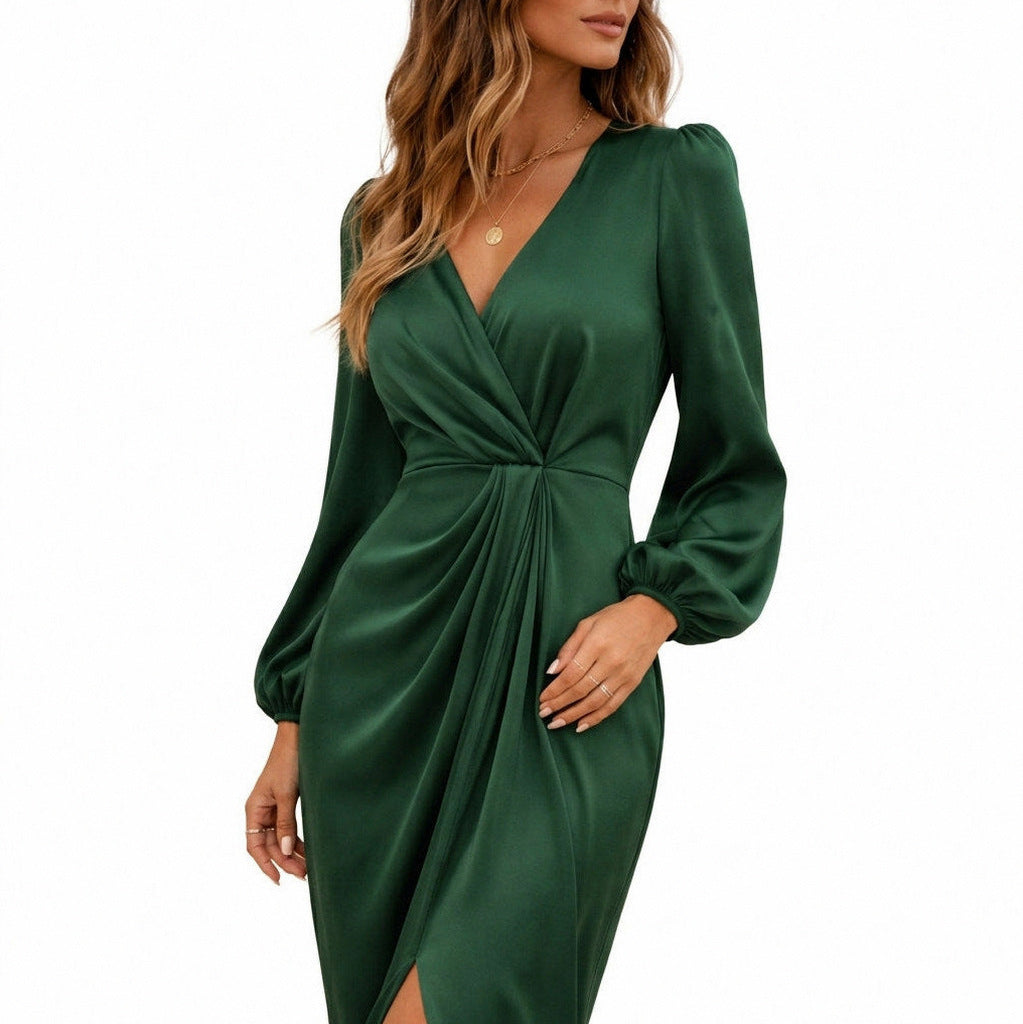 Satin Twist Front Long Sleeve Maxi Dress