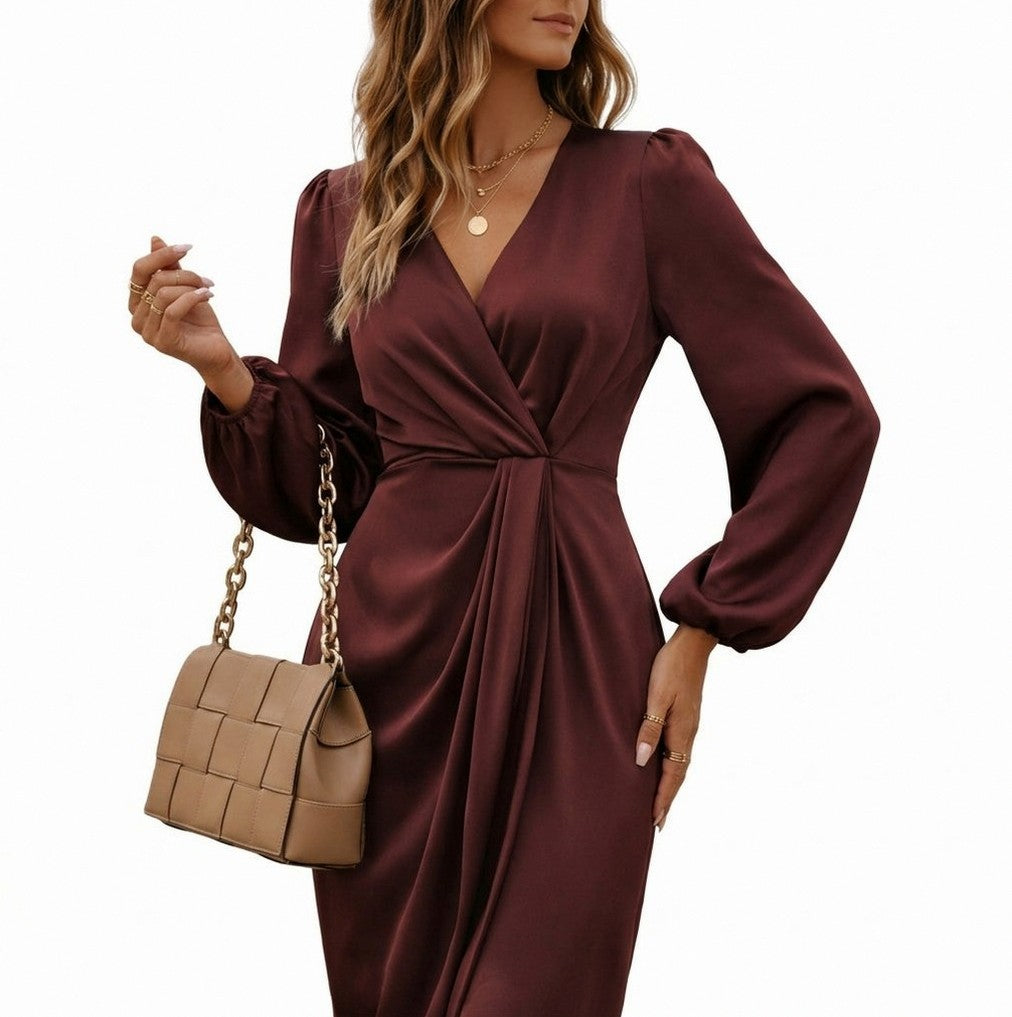 Satin Twist Front Long Sleeve Maxi Dress