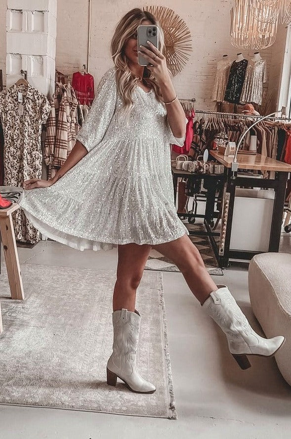 Sequin Short Sleeve Babydoll Tiered Mini Dress