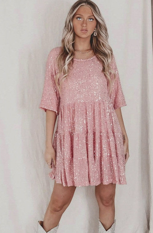 Sequin Short Sleeve Babydoll Tiered Mini Dress